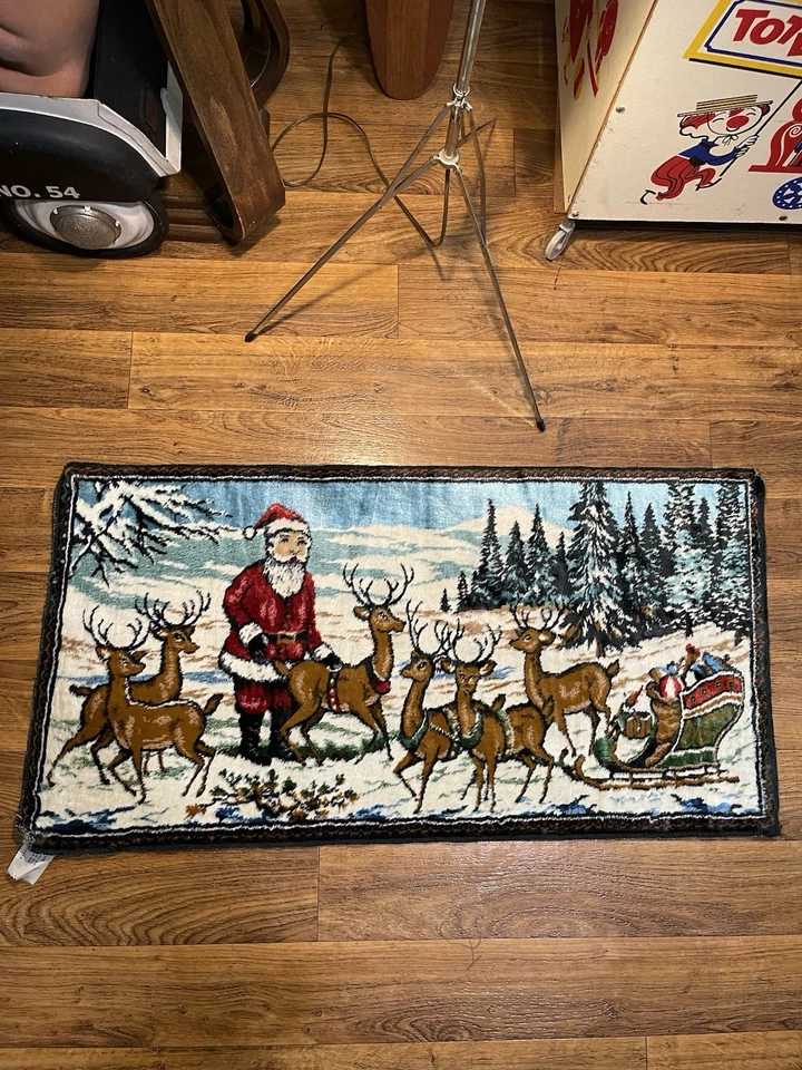 Vintage Christmas Velvet Tapestry Wall Rug Hanging Santa Reindeer Made In Italy - Image 2 of 4