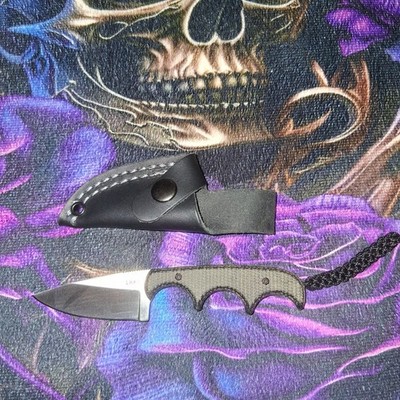 CRKT Folts Minimalist Drop Point Neck Knife Black (2'' Satin 154CM)leather sheath