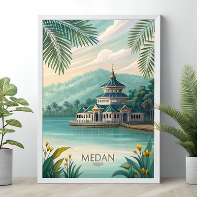 Lebendiges Medan Indonesien Reise Poster - Toba See, Maimoon Palast Kunstdruck_mehr