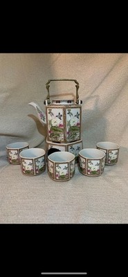 Toyo Ming Lotus 16oz Teapot W/Five 5.5oz Teacups & Warmer Made In Japan 7 Pc.