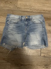 American Eagle Outfitters Womens Midi Denim Shorts Size 2 Distressed Frayed