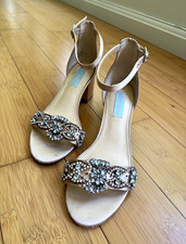 Blue by Betsey Johnson Women  s Gina Champagne Ankle Strap Rhinestone Heels 6.5