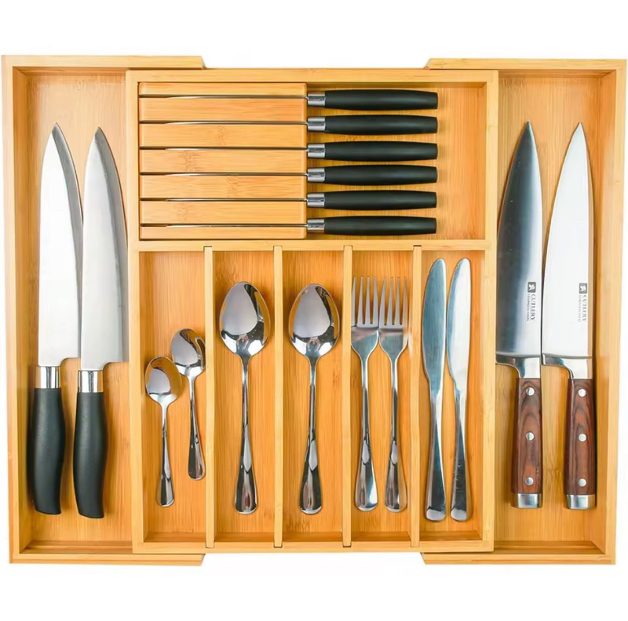 Home and Kitchen Organizer Bamboo Drawer Utensil Flatware & Silverware Tray