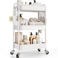 3 Tier Rolling Cart, Metal Utility Storage Cart with Pegboard, White 2 Bins...