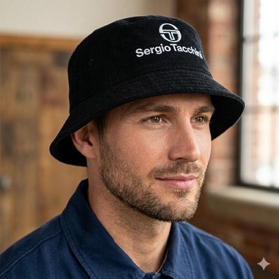 NEW Sergio Tacchini Logo Black Corduroy Bucket Hat Embroidered Festival S/M Luxe