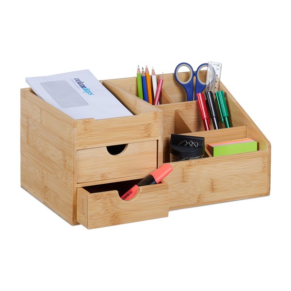 Schreibtisch Organizer Bambus Schreibtischbox 7 FäCher 2 Schubladen 1,7 Kg-image