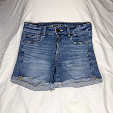 American Eagle Outfitters Midi Mid Rise Blue Denim Cut Off Shorts Women s 4