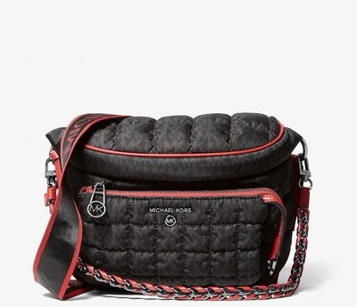 NEW  MICHAEL KORS Slater Medium Logo Quilted Nylon Sling Pack - Black/Red