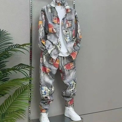 Streetwear Men Print Jacket Coat & Pants Set Casual Trendy 2-Piece Fashion Suit