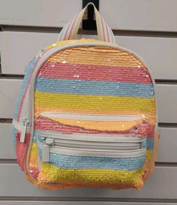 Claire s Club Girls Pink Orange Yellow Revers Sequin Striped Mini Backpack