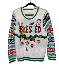NEW Christmas Sweater No Boundaries Blessed Sequins Sz XL Holiday Juniors 15-17