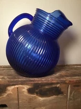 40's Vintage Colbalt Blue Hazel Atlas Tilted Pitcher With Handle Ribbed Glass
