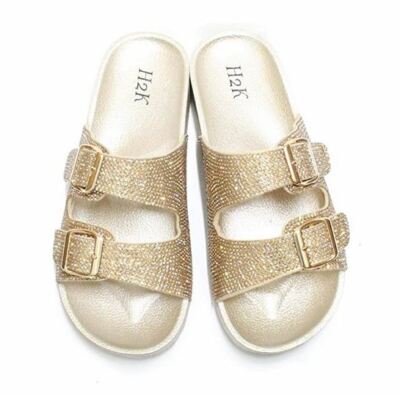 H2K Espen Gold Glitter Double Buckle Adjustable Comfort Slip On Slides Sandals 