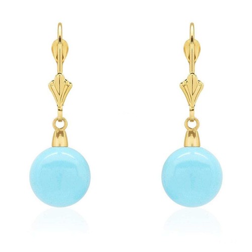 14k Yellow Gold Sky Blue Turquoise Ball Drop Leverback Earrings 6mm-10mm - Picture 14 of 41