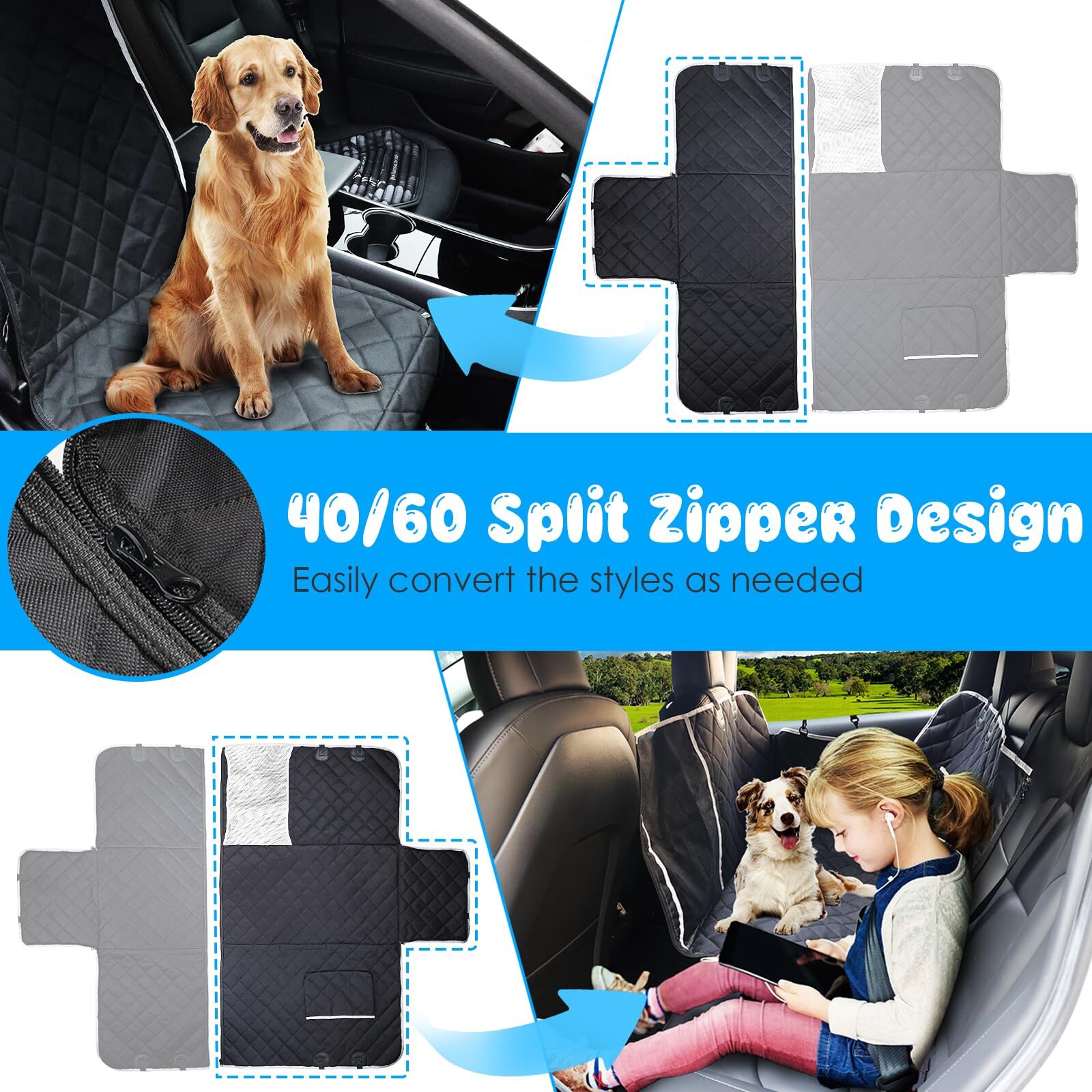 URPOWER 6in1 Dog Car Seat Cover for Back Seat, Waterproof Dog Car