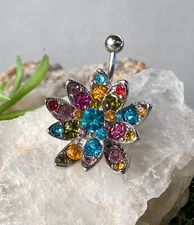 Hinged Multi-color Gem Flower Belly Ring Navel Naval Piercing Body Jewelry