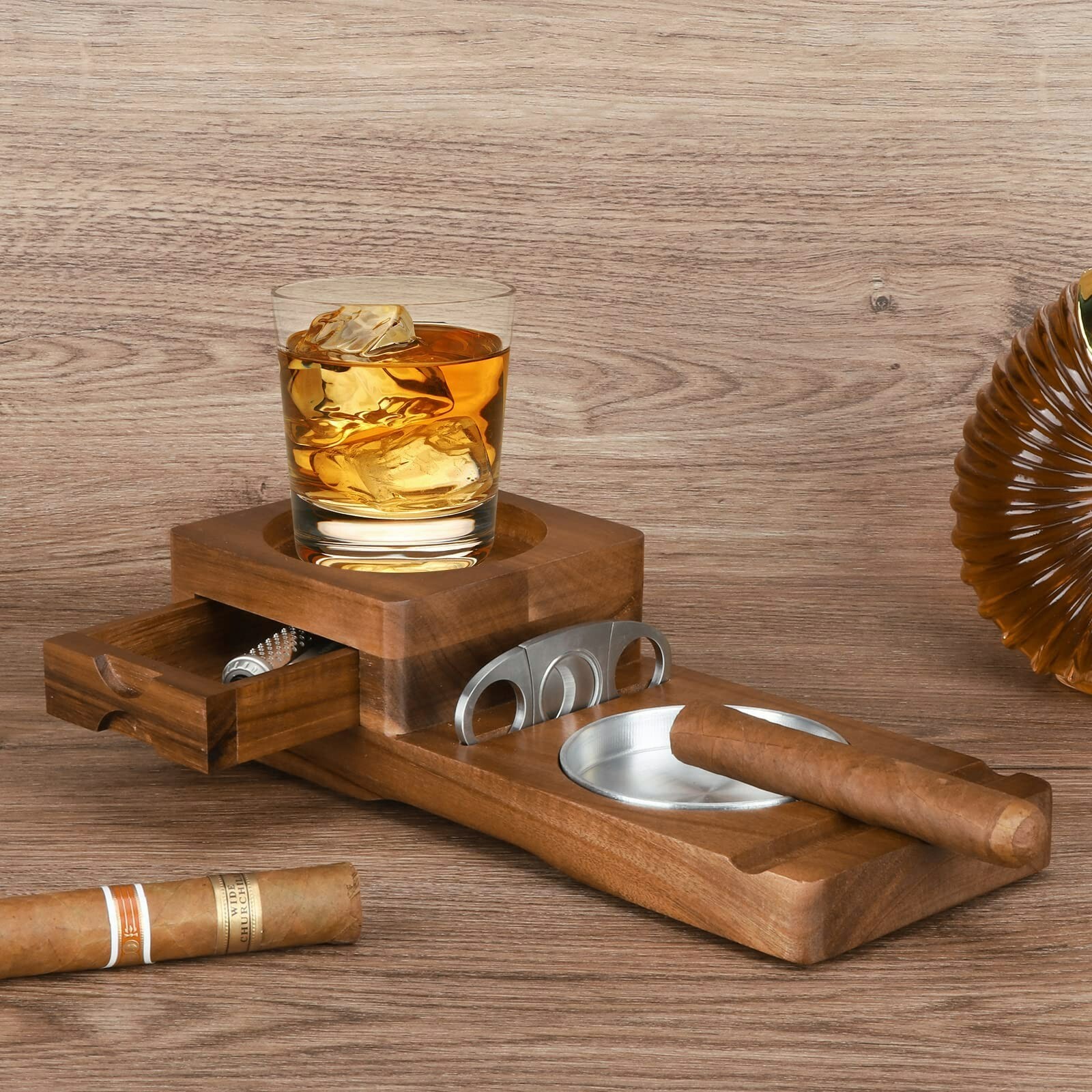 Cigar Ashtray Coaster Whiskey Glass Tray & Wooden Ash Tray with Cigar