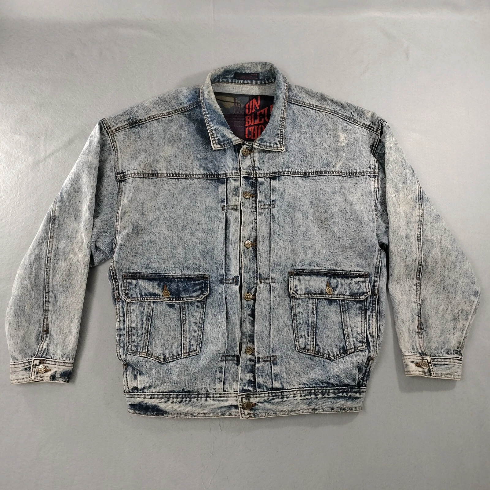 Vtg Un Bleu Choix Acid Wash Blue Denim Trucker Jacket Mens Size 40
