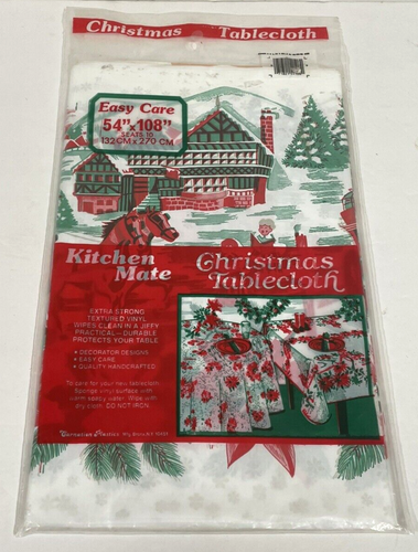Vintage Kitchen Mate Christmas Tablecloth Carolers Stagecoach 54" x 108" SEALED