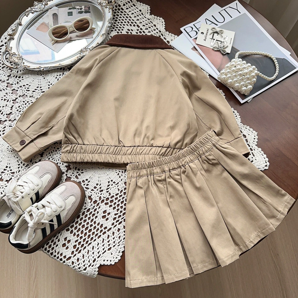 Conjunto de ropa informal de dos piezas de abrigo + falda plisada para niñas pequeñas Foto 2 de 4