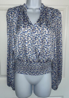 NWT Tamara H Sz XS Blue Floral L/S Pullover Satin Blouson Peasant Top EUC