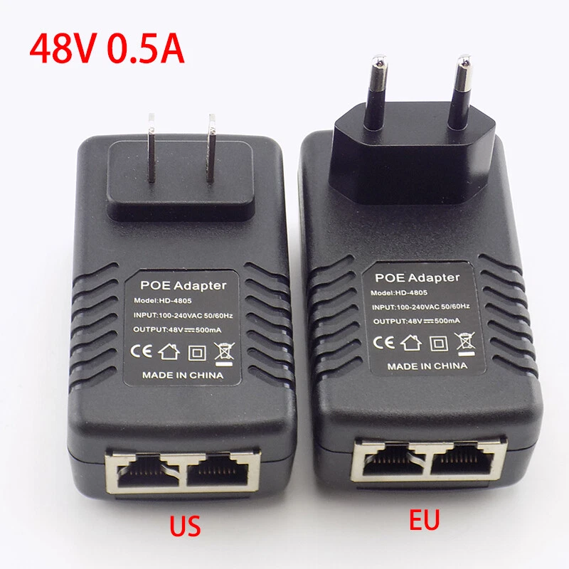 48V-0.5A EU US Wall Plug POE Injector Ethernet Adapter Camera Phone Power  Supply