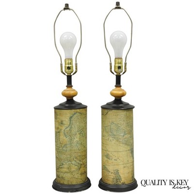Vintage Regency Style European Old World Map Wrapped Cylinder Table Lamps - Pair