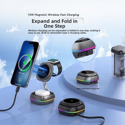 15W Magnetisches Kabelloses Ladegerät mit integriertem Einziehbarem USB C Kabel