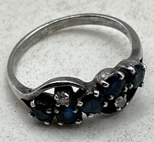 Silver Prong Set Band Ring Blue Cluster Stones Natural Diamond Sapphire Size N