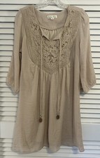 Indigo Rose Beige Lace Boho Peasant Tunic Dress 3/4 Sleeve Lined Knee Length PS
