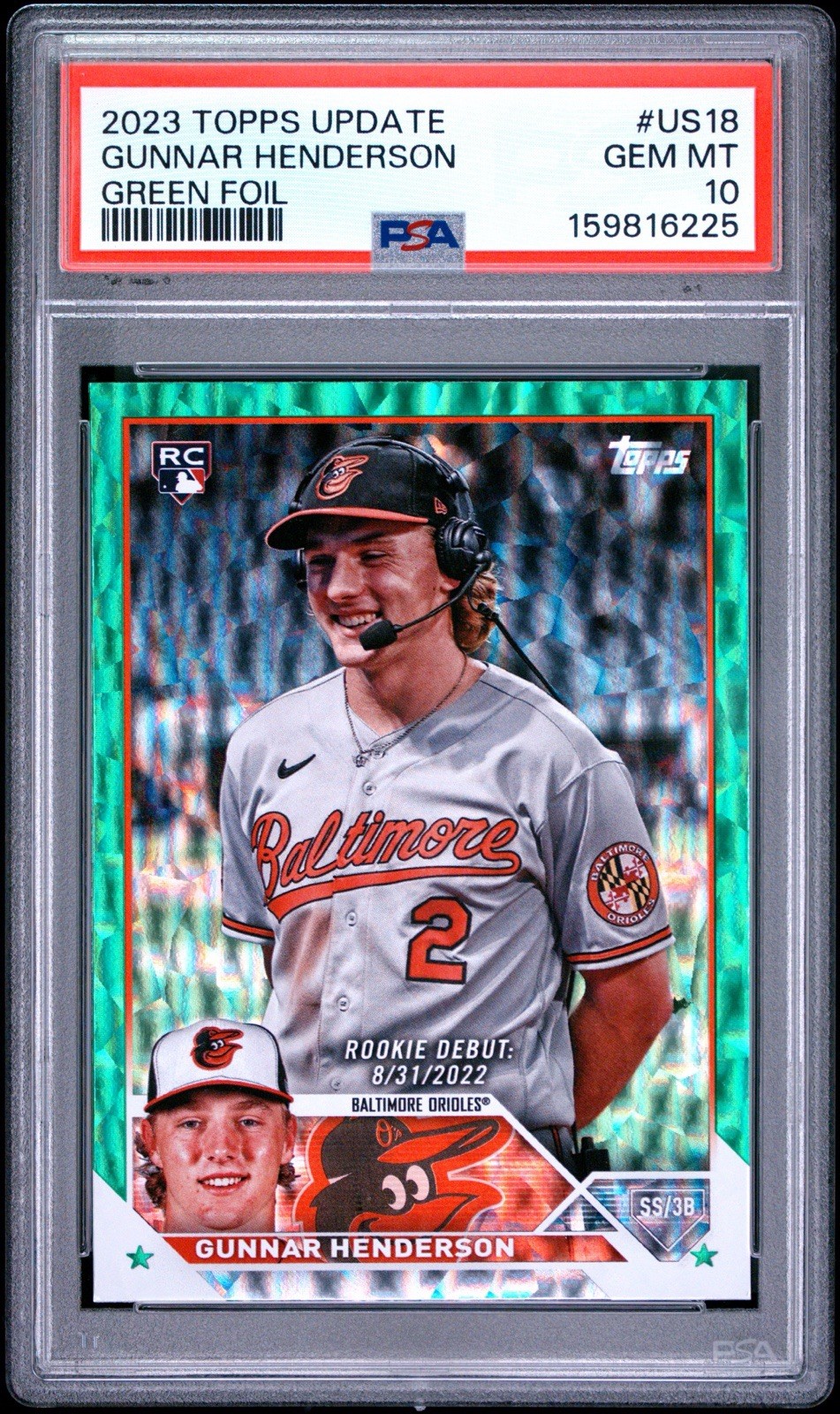 2023 TOPPS UPDATE #US18 GUNNAR HENDERSON GREEN FOIL /499 PSA 10