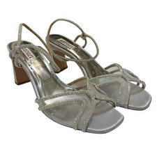 Badgley Mischka Hey Block Heel Sandals Silver Satin Rhinestones Size 12