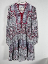Anthropologie Womens Bohemian Long Sleeve Ikat Print Mini Dress Small Red Blue