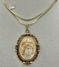Vintage Victorian Revival Cameo Pendant Necklace Gold Tone Resin Lady Portrait
