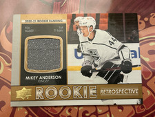 21-22 Mikey Anderson Upper Deck Series 1 Gold Rookie Retrospective Jersey Card. rookie card picture