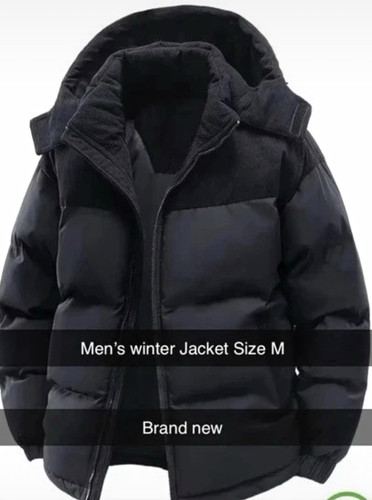 Men’s Black Hooded Puffer Jacket M Polyester Zip Winter Regular Fit