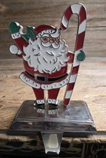 Christmas Stocking Hanger Chrome Enamel Waving Santa Candy Cane Whimsical