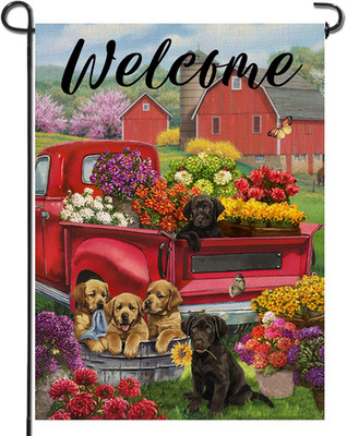 Welcome Spring Summer Red Truck Home Decorative Garden Flag | House Yard Dog Flo