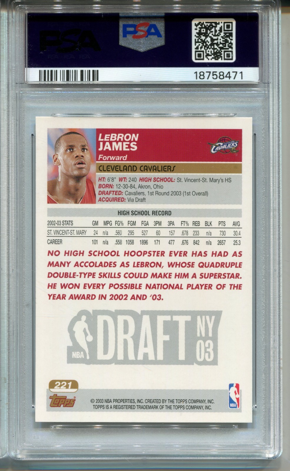 2003 Topps LeBron James Rookie Card PSA 10 Gem MINT Graded Collection #221 view 2