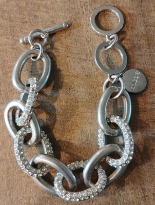 CHICO'S Bracelet Silver Tone Link With Clear Rhinestones Toggle Clasp