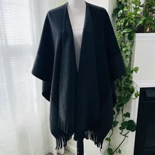 Eivissa Thick Knit Black Fringed Cozy Super Soft Wrap - Luxurious - One Size
