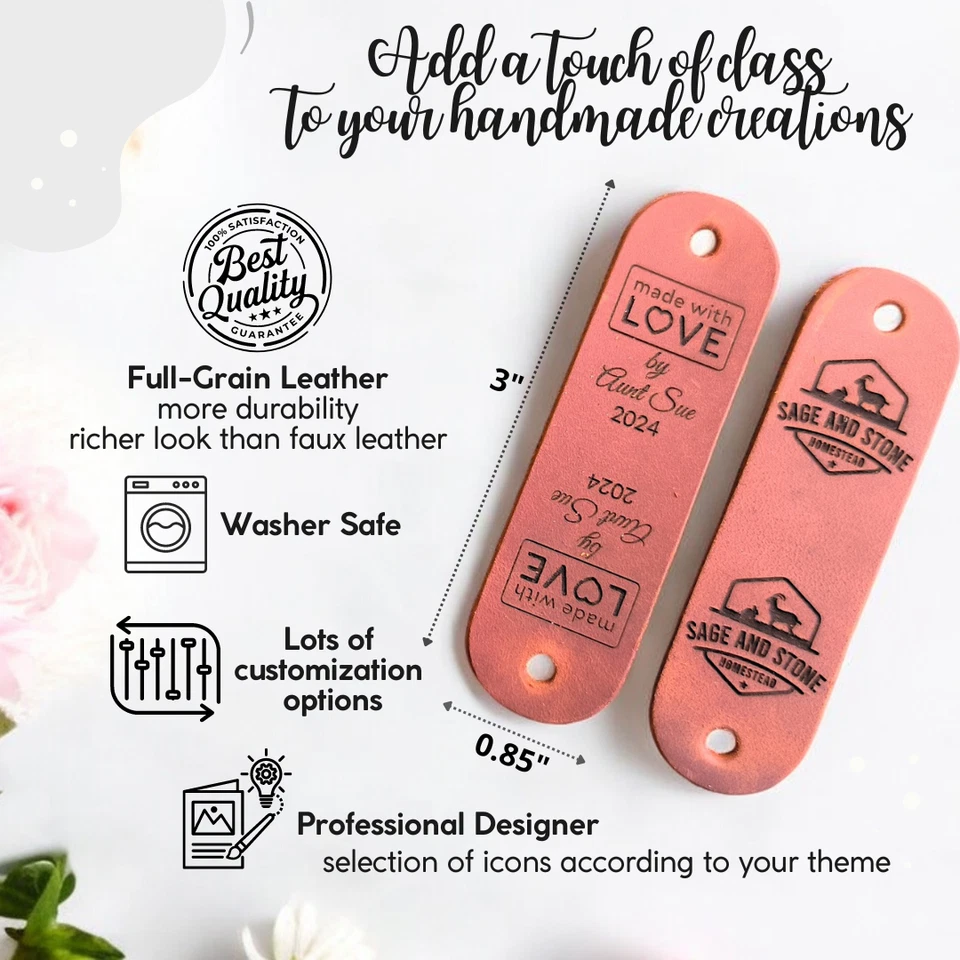 Персонализированные кожаные бирки с заклепками для предметов ручной работы, этикетки для вязания шапочек - Изображение 3 из 4