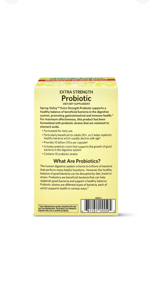 Cápsulas digestivas probióticas Spring Valley Extra Strength, 10 mil millones de UFC, 60 quilates Foto 2 de 3