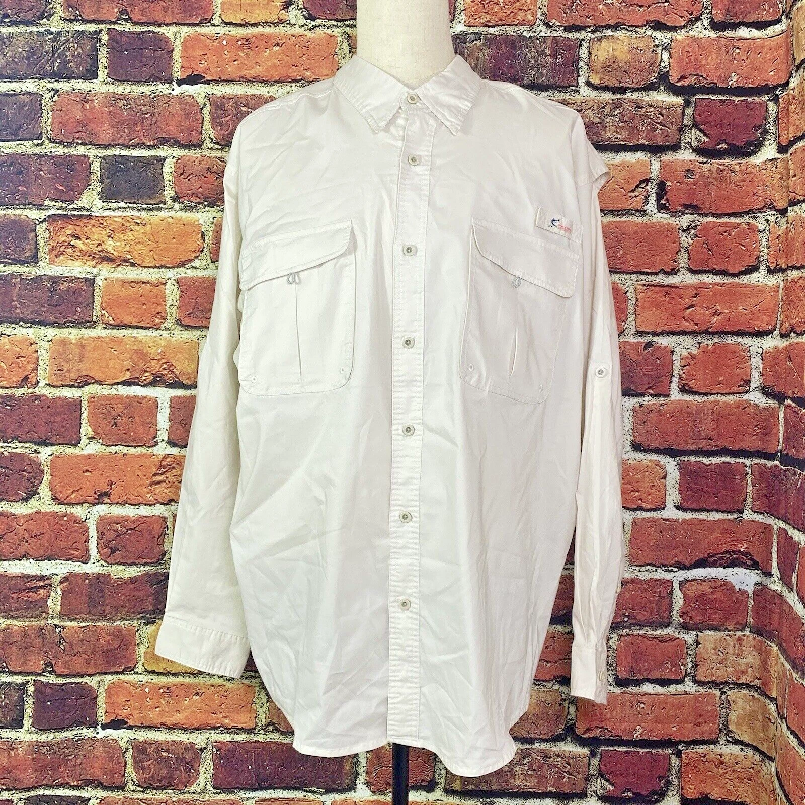 World Wide Sportsman Mens 3XL Cream Long Roll Tab Sleeve Fishing Outdoors EUC