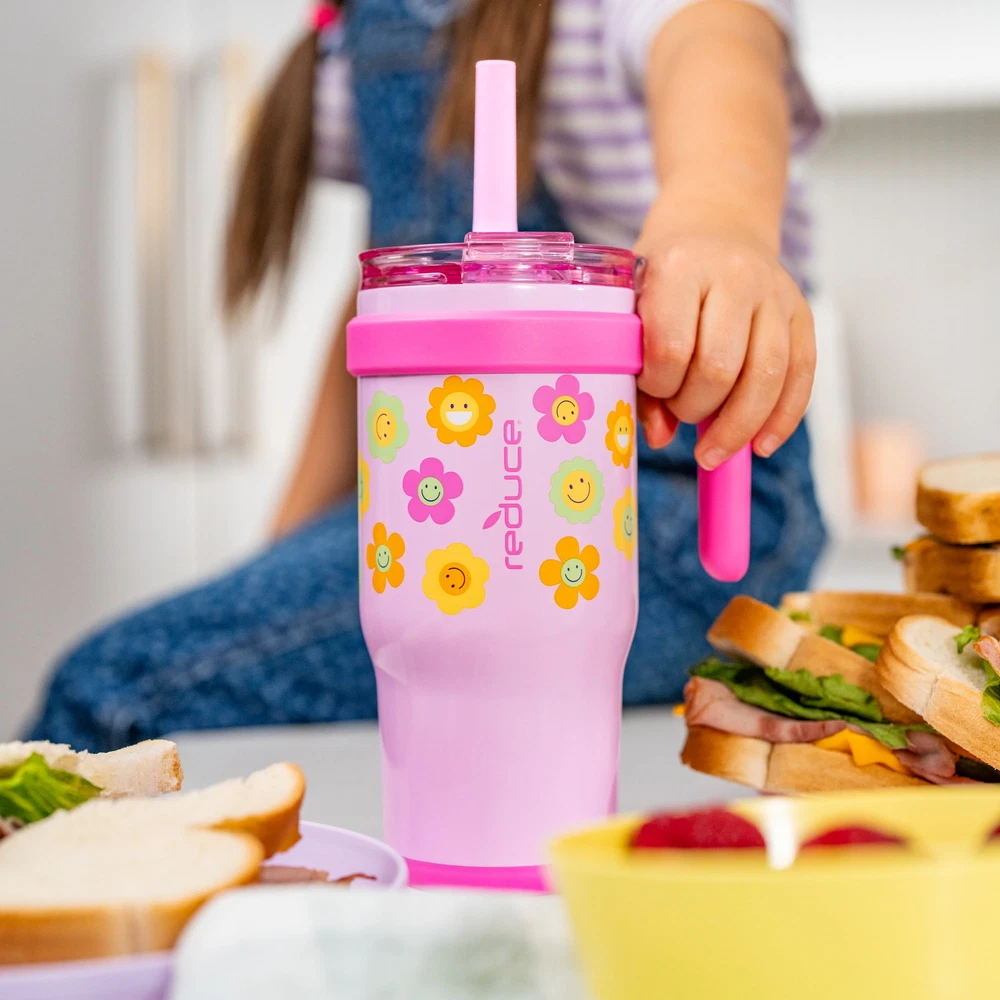 Tumbler with Spill-Proof Straw & Handle. Insulated Stainless Steel 18 oz