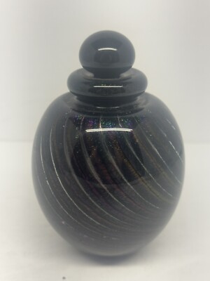 Robert Eickholt Art Glass Perfume Bottle, Black Gold Swirl 1986 Signed