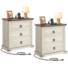 Set of 2 Farmhouse Nightstand with Charging Station & 3 Drawer Bedside Table