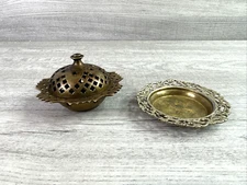 Vtg Sarana Brass Trinket Box w/lid & Unbranded Brass Trinket Dish