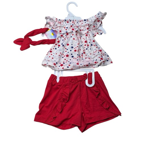 Btween Toddler Girls 3 Pc Set Red White & Blue Stars Shirt Red Shorts Sz 3T NWT