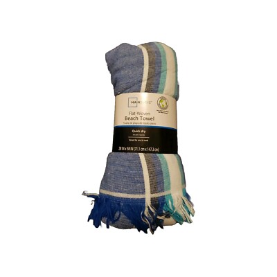 Mainstays Flat Woven Beach Towel Quick Dry Blue  White Teal Stripe 28''×58'' New 